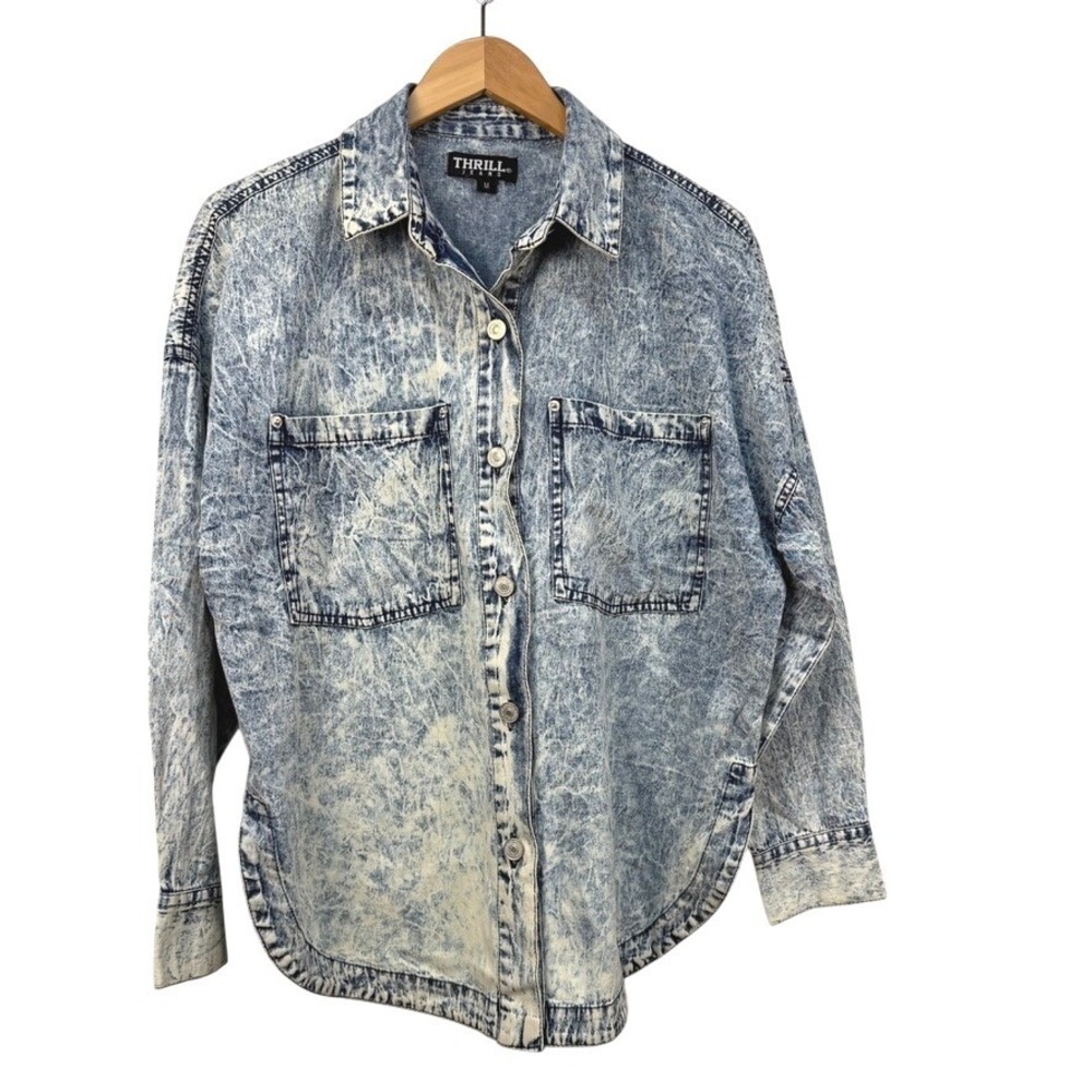 Thrill Jeans Womens Acid Wash Denim Shirt Blue Long Sleeve Button Up Oversized M